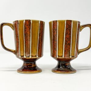Vintage Hand Painted Footed Pedestal Coffee Cups Stoneware Mug Set Retro